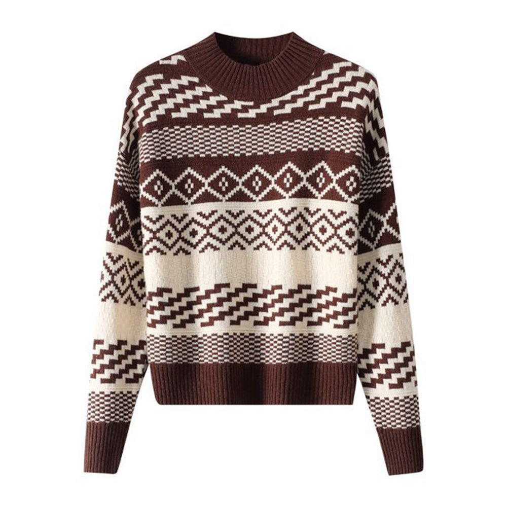 Retro fashionable contrast pattern knitted sweater