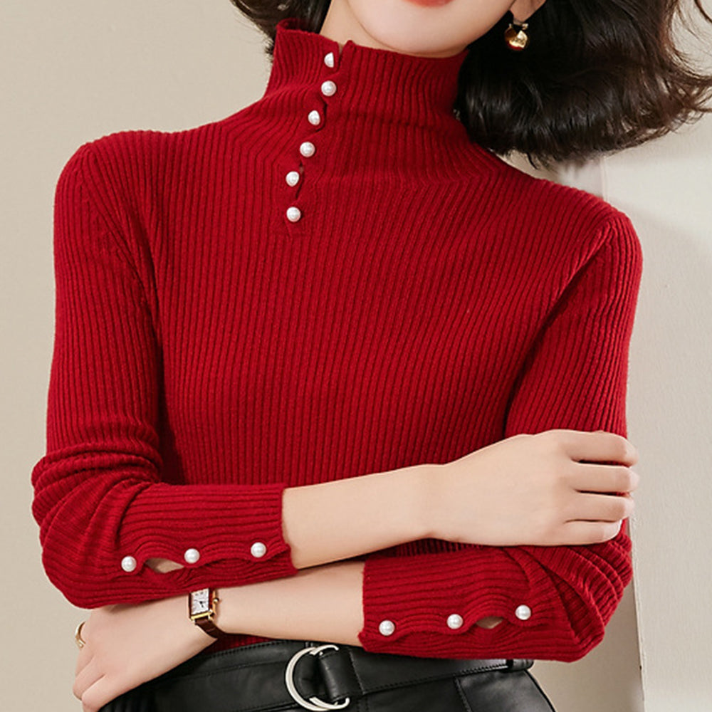 Gentle solid color faux pearl embellished turtleneck sweater
