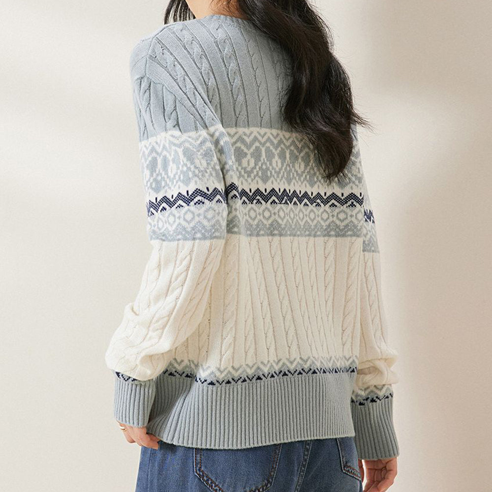 Casual contrasting geometric cable sweater