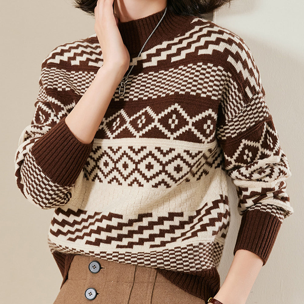 Retro fashionable contrast pattern knitted sweater